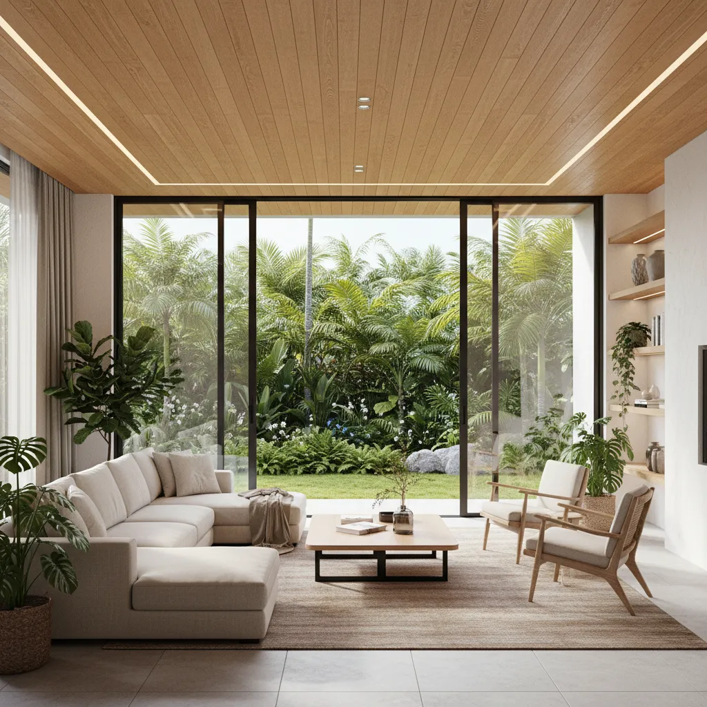Modern tropical living room opening to garden with large glass doors