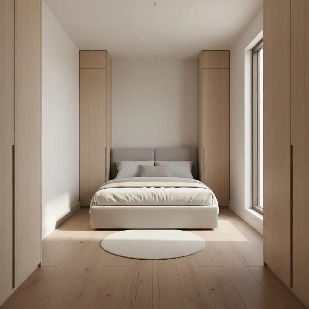 Modern bedroom with wooden floor light colored bed built in wood cabinets and white rug