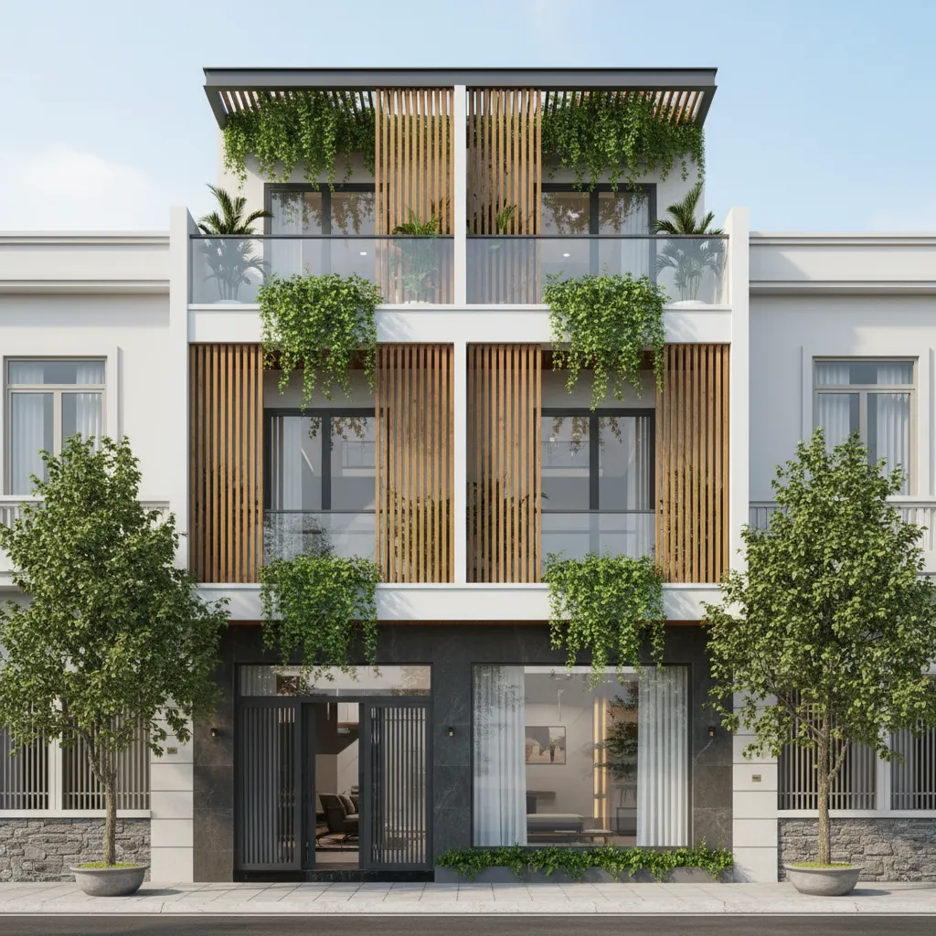 Modern 3 storey tube house facade with balcony plants and glass railing