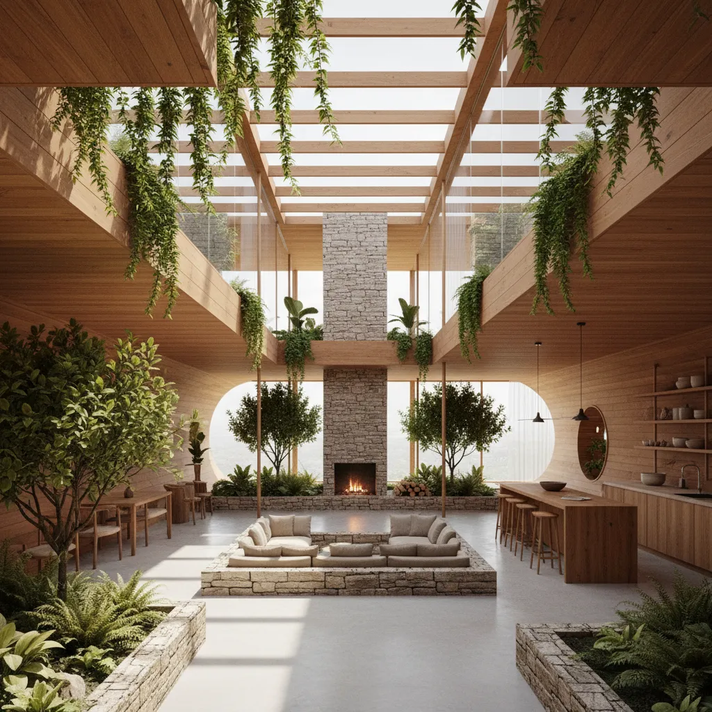 Large indoor garden with stone fireplace wooden walls green plants kitchen counter and sunken sofa