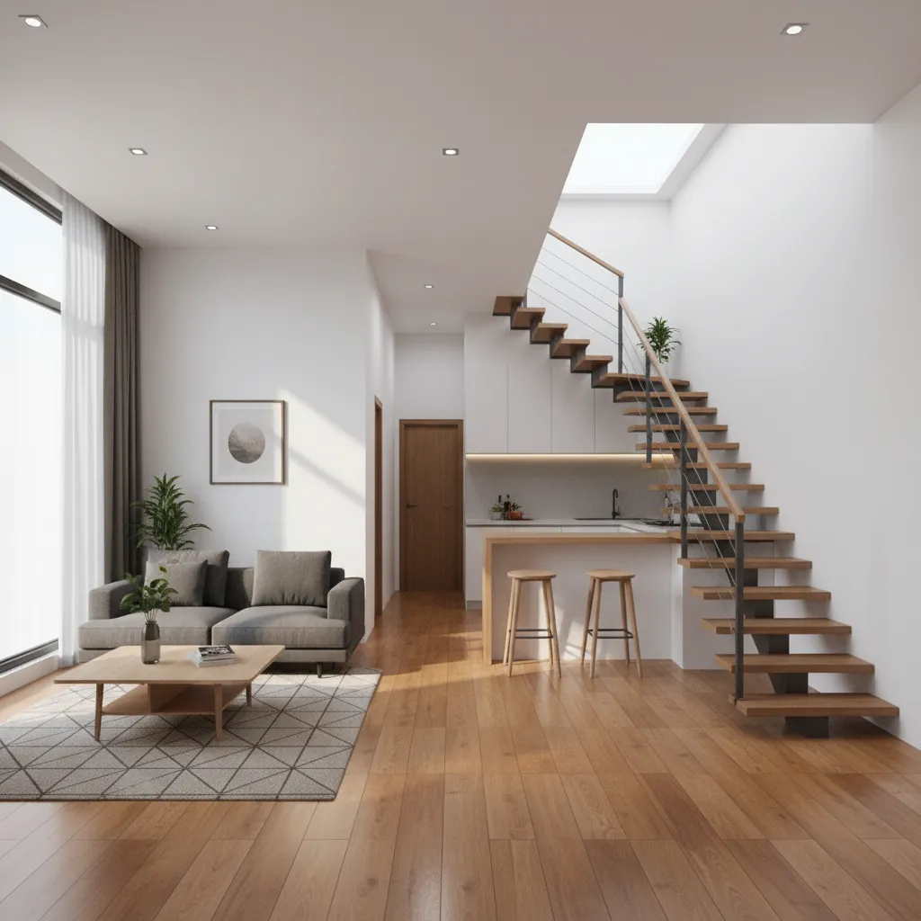 Modern living area with wooden staircase grey sofa coffee table wood floor and white kitchen