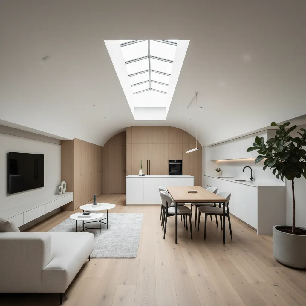 Modern open plan living area with white sofa, wood dining table, kitchen cabinets, roof window