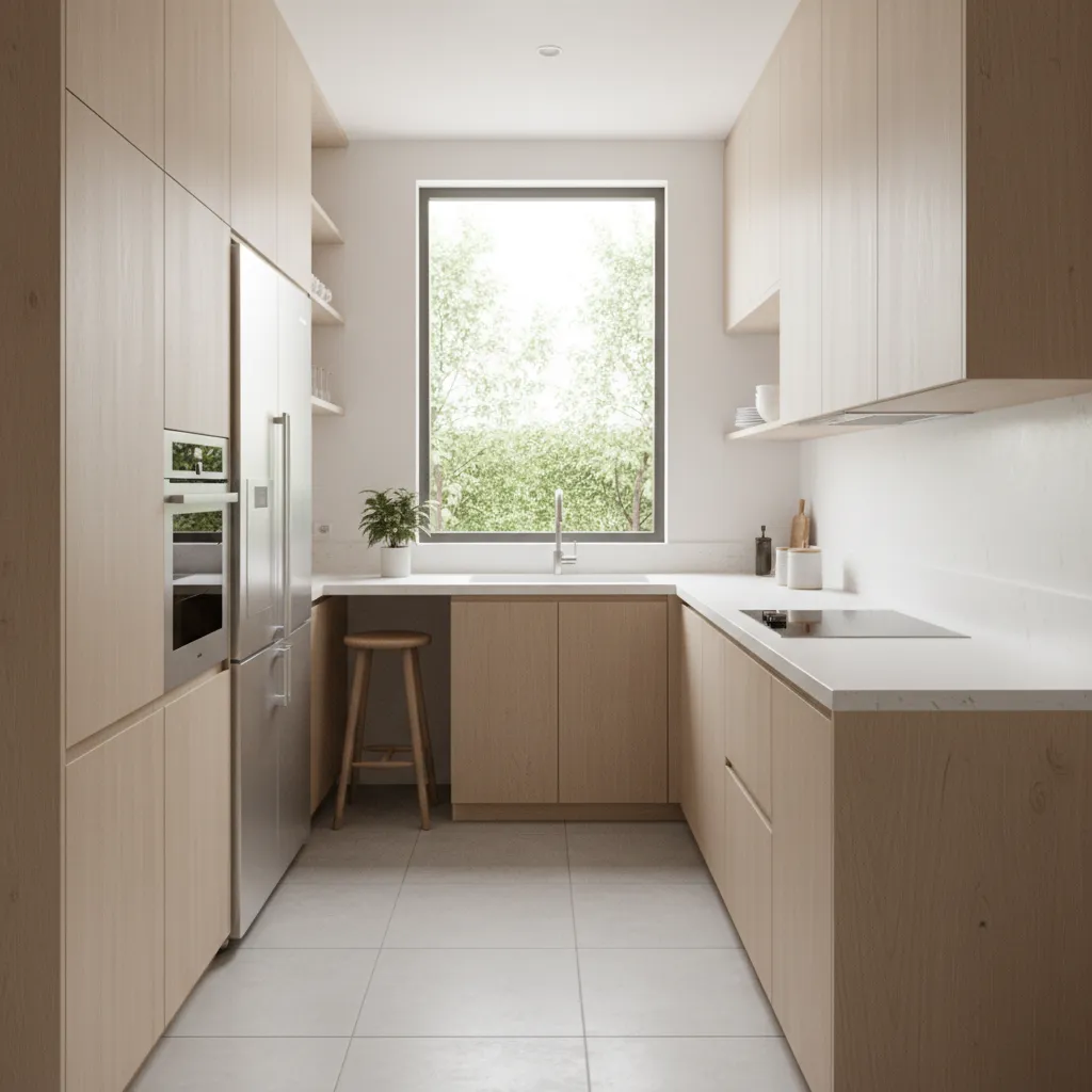 Modern kitchen layout inside a Vietnamese tube house