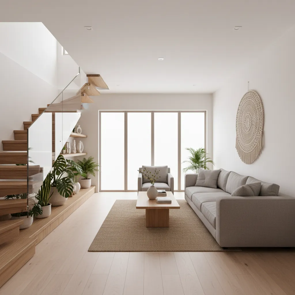 Modern living room inside a Vietnamese tube house with open layout and natural light