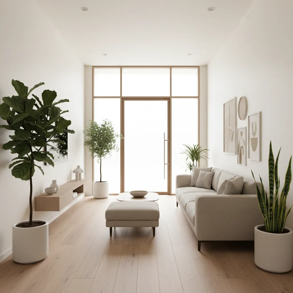 Bright living room with beige sofa footrest wooden floor green plants and large glass door