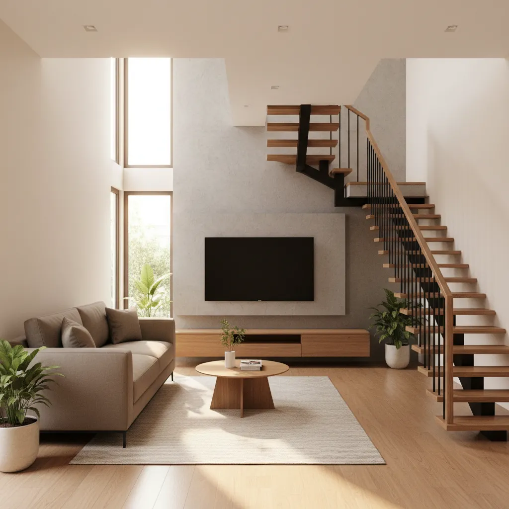 Modern living room with brown sofa wooden coffee table wall mounted television and wooden stairs