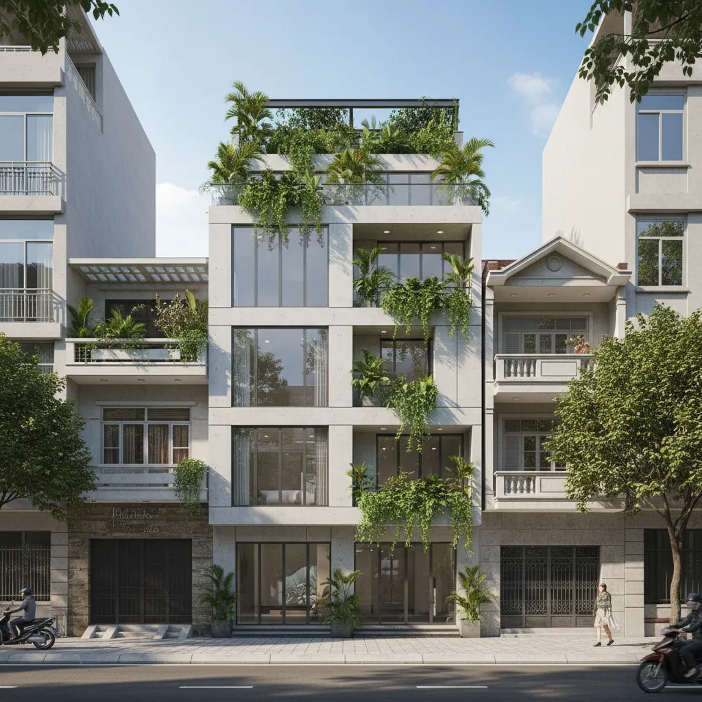 Modern tube house with flat roof design in urban Vietnam