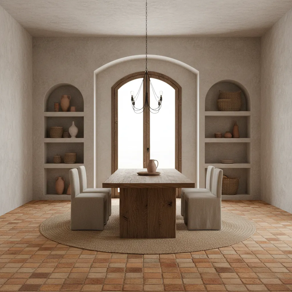 Modern Tuscan interior balancing rustic materials with light neutral walls