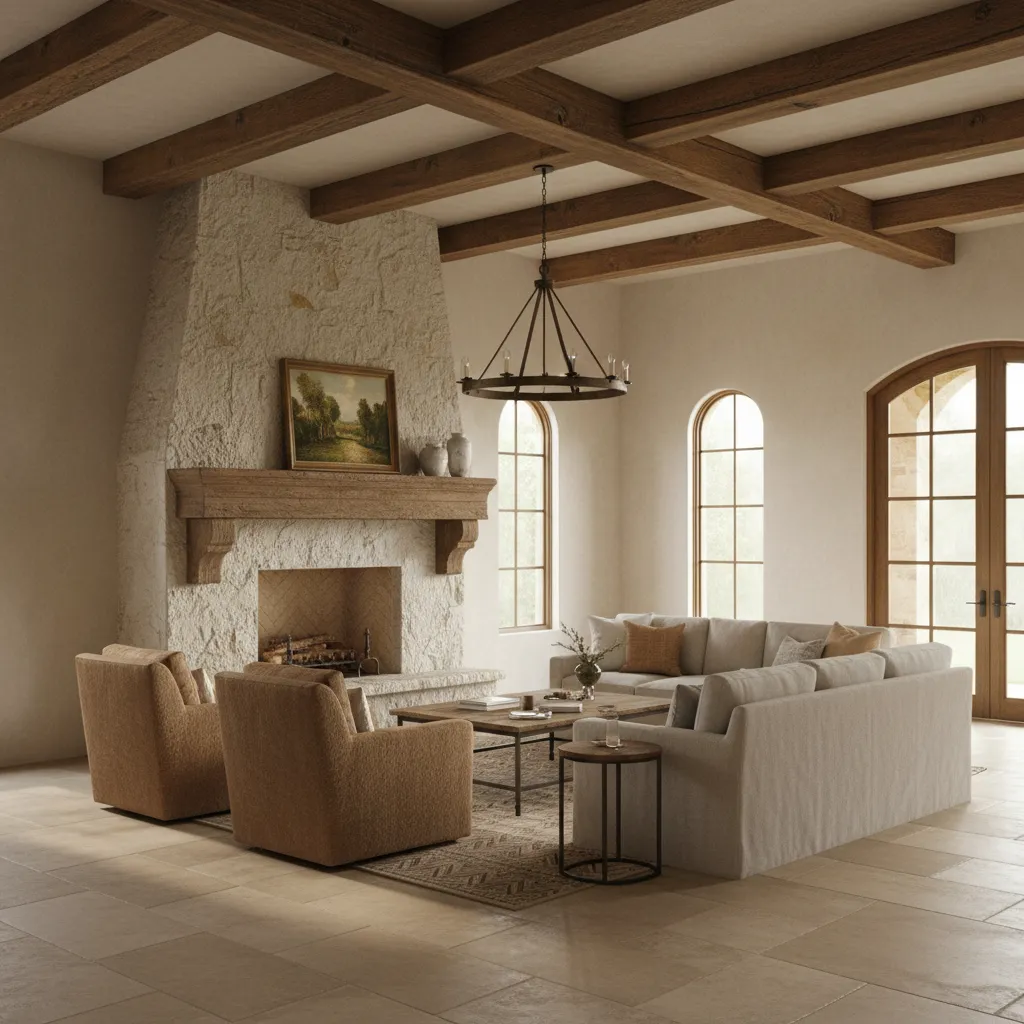 Modern Tuscan living room mixing natural stone fireplace with affordable flooring