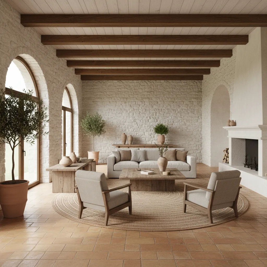 Modern Tuscan villa interior combining stone textures wood beams and neutral colors