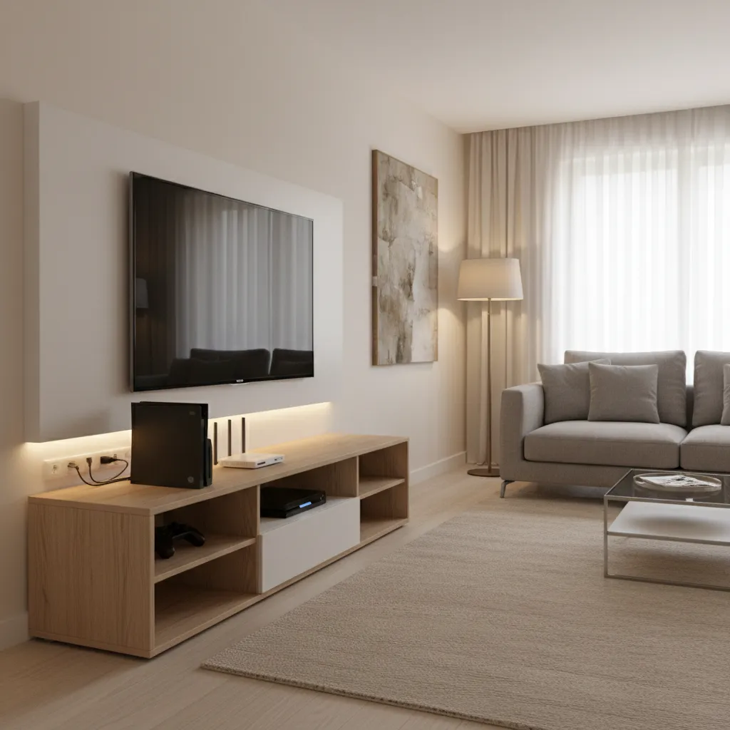 Modern TV console with gaming console and media devices