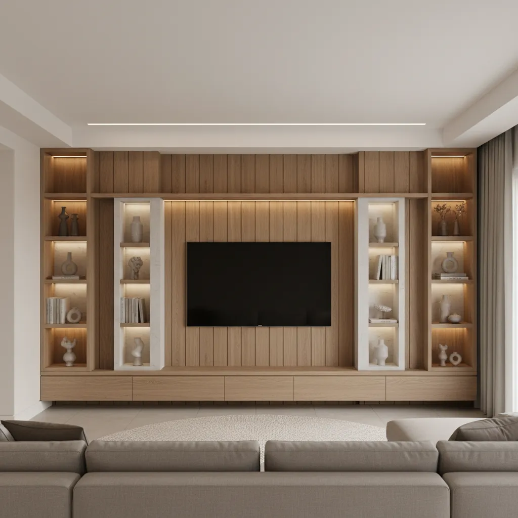 Contemporary living room TV feature wall with shelves and wood panels