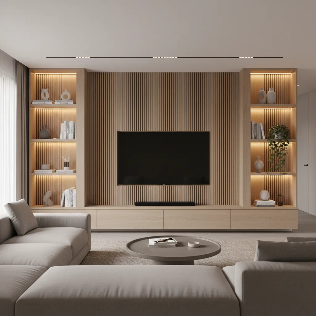 Modern living room with wood panel TV wall built in shelves light grey sofa coffee table