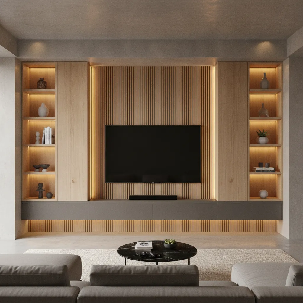 modern media wall with TV and built in shelves in a contemporary living room
