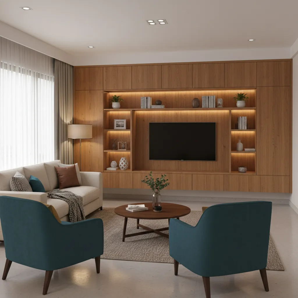 modern TV unit with storage cabinets in Indian living room
