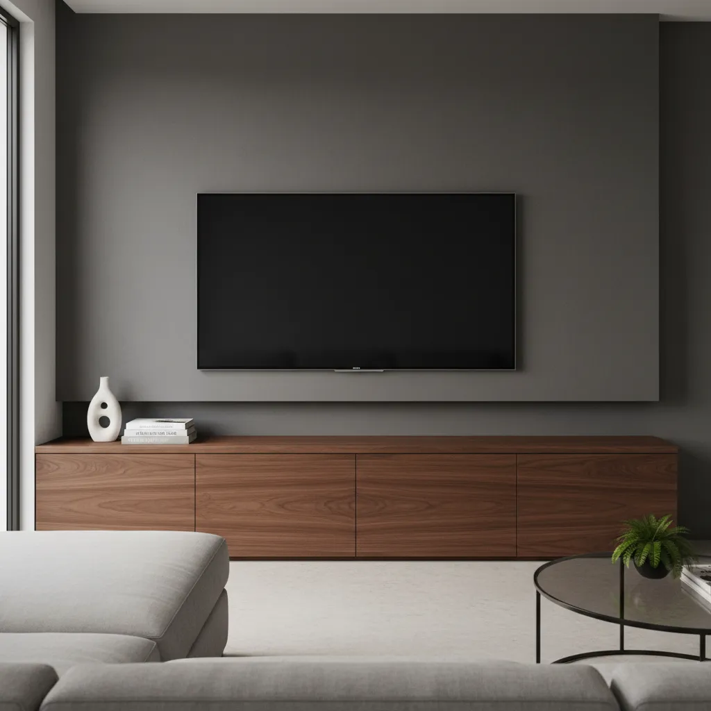 modern TV unit with hidden storage cabinets and minimal open shelves