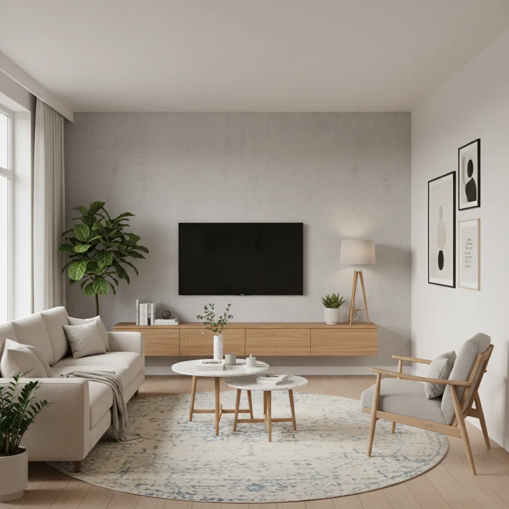 modern living room layout with wall mounted TV and sofa facing media wall