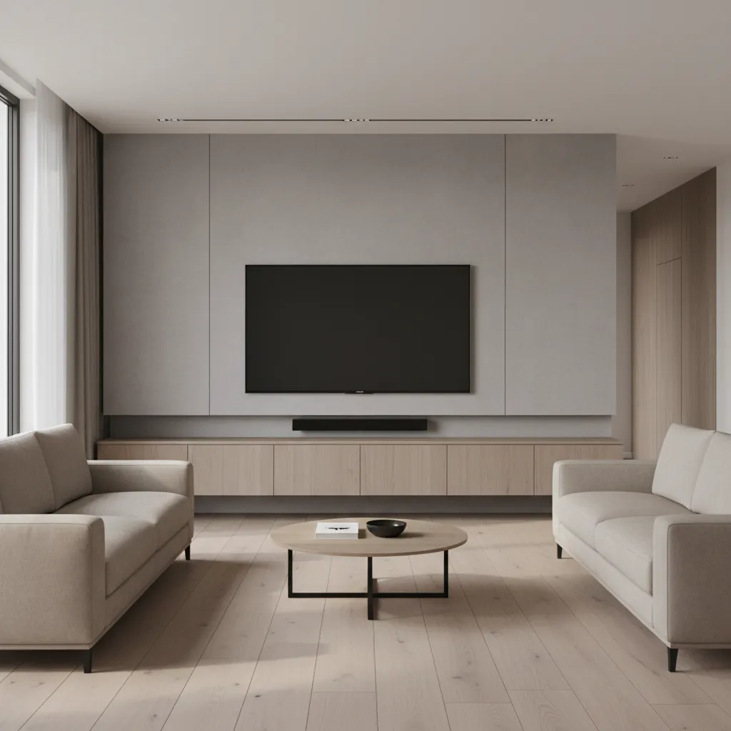 modern living room TV wall with floating cabinet and neutral sofa layout