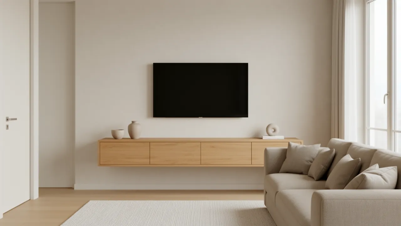 minimal living room with modern tv wall and floating console