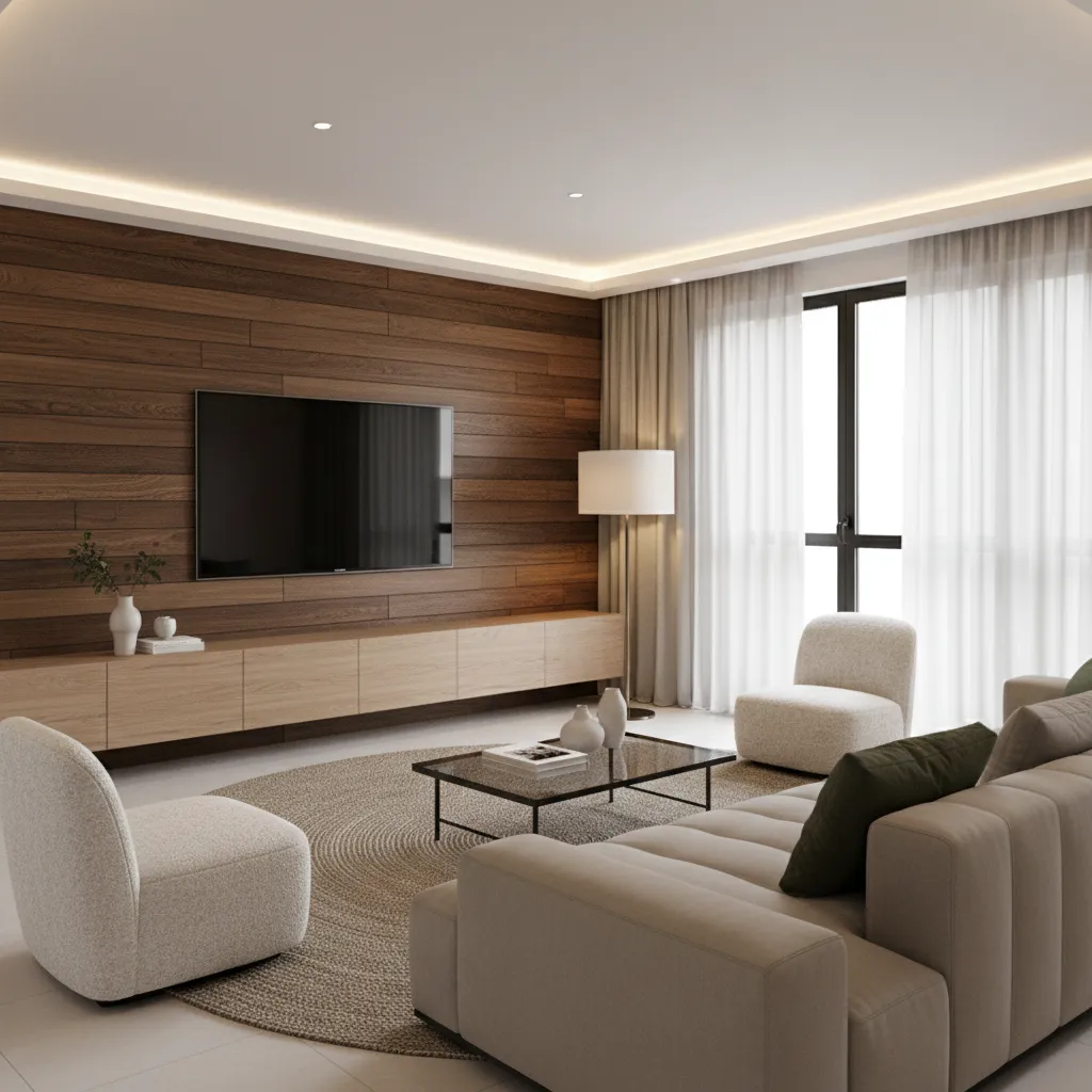 Living room interior design drawing with wood wall panel wall mounted TV and beige sofa