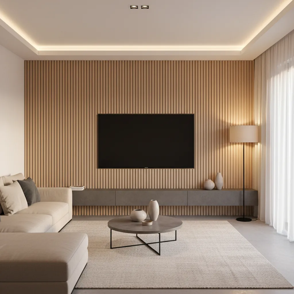 Modern TV wall panel design with wood slats in small living room