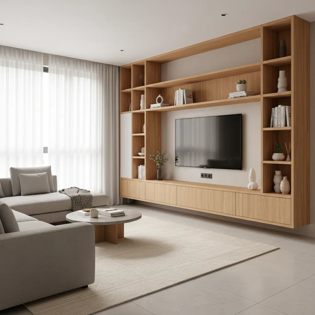 modern living room TV wall with storage cabinets and shelving