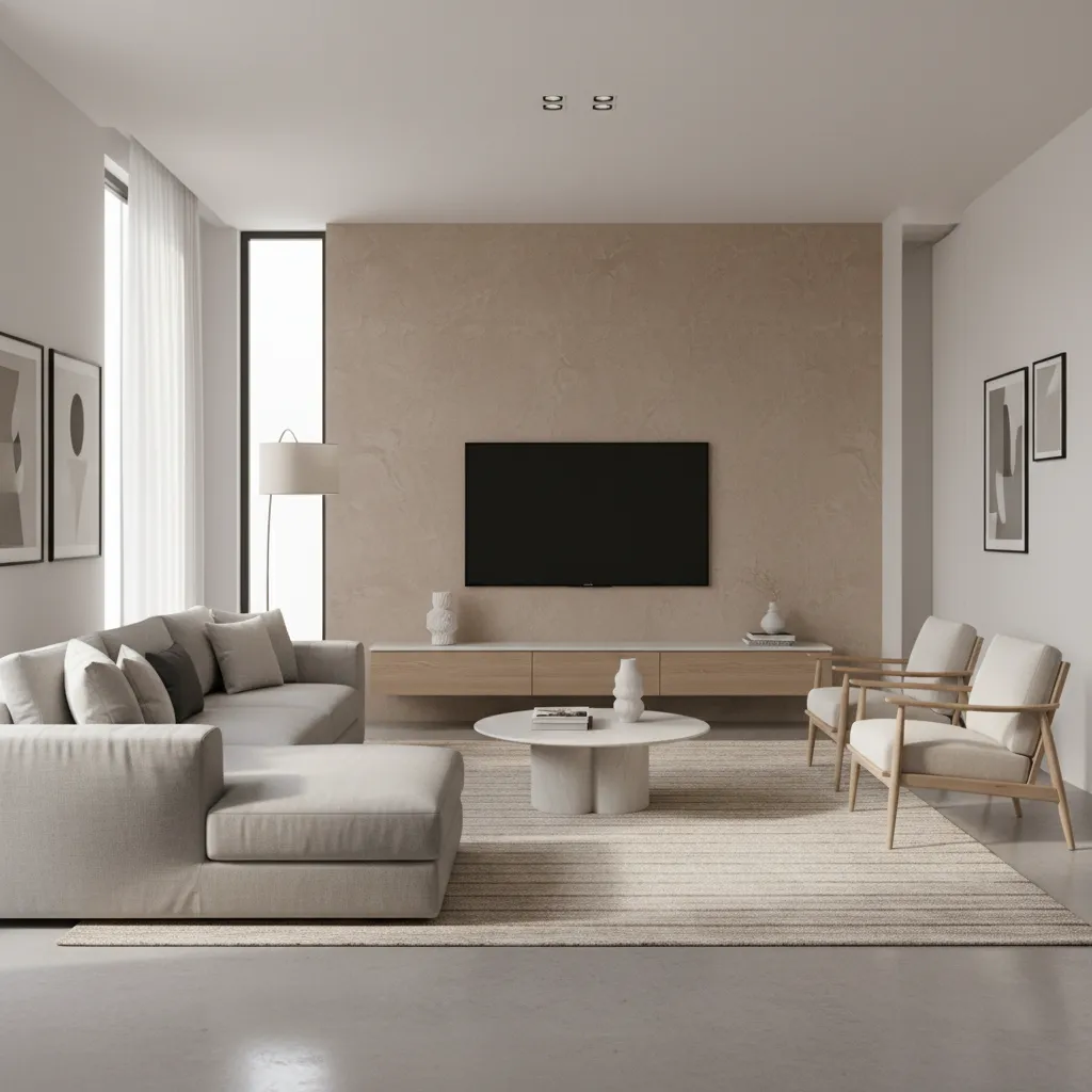 Stylish living room hall with textured accent wall behind television