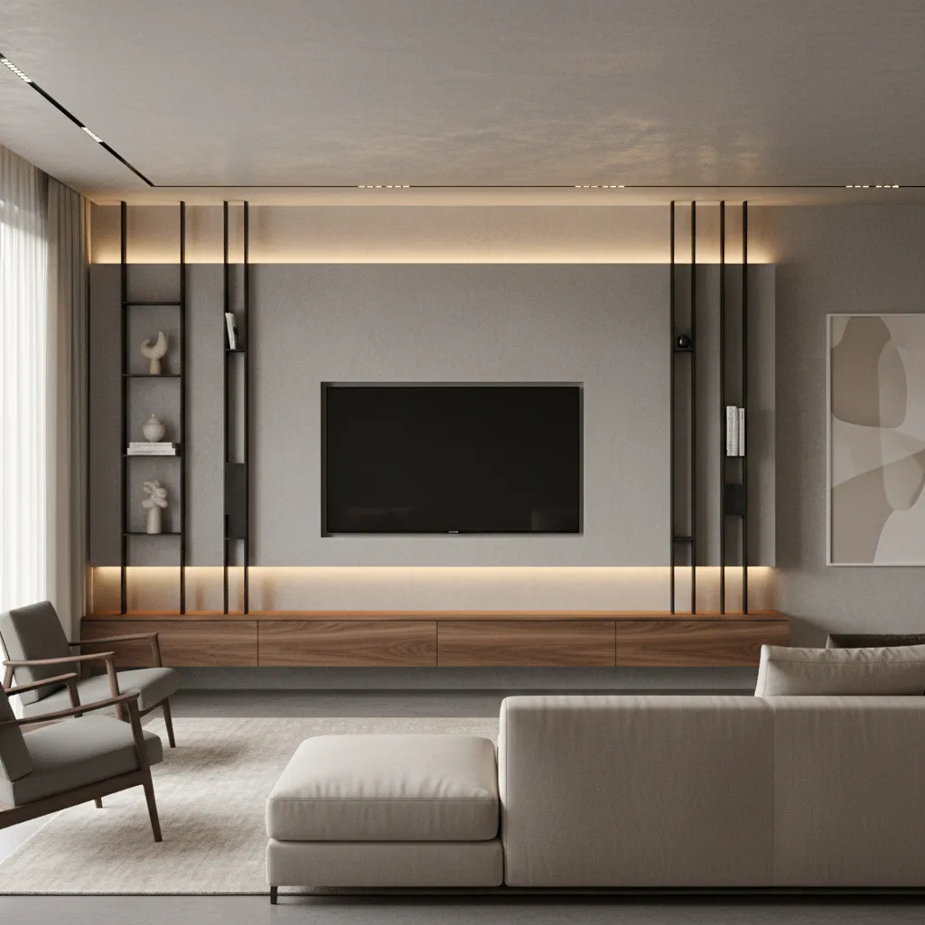 Modern TV wall with wood console and minimalist decor