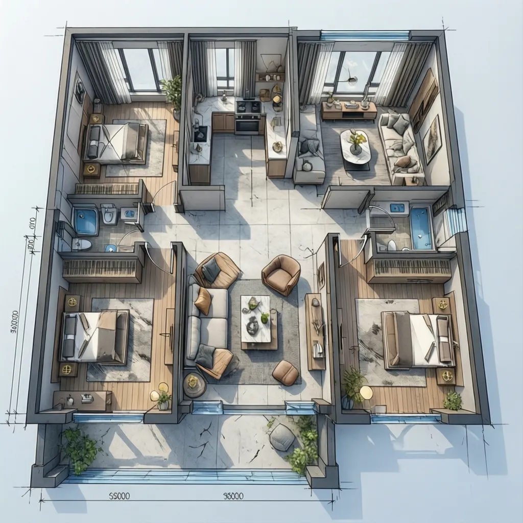 Plano de una casa moderna con dos dormitorios y espacio abierto