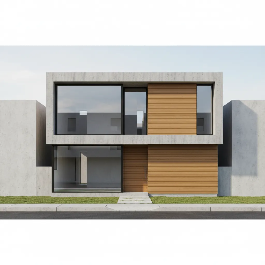 Modern two floor house outside with concrete walls big windows wooden panels and flat roof