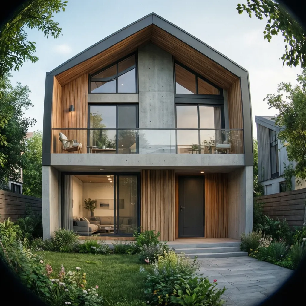 Modern two floor house with wood walls, glass balcony, green garden, and flowers in front