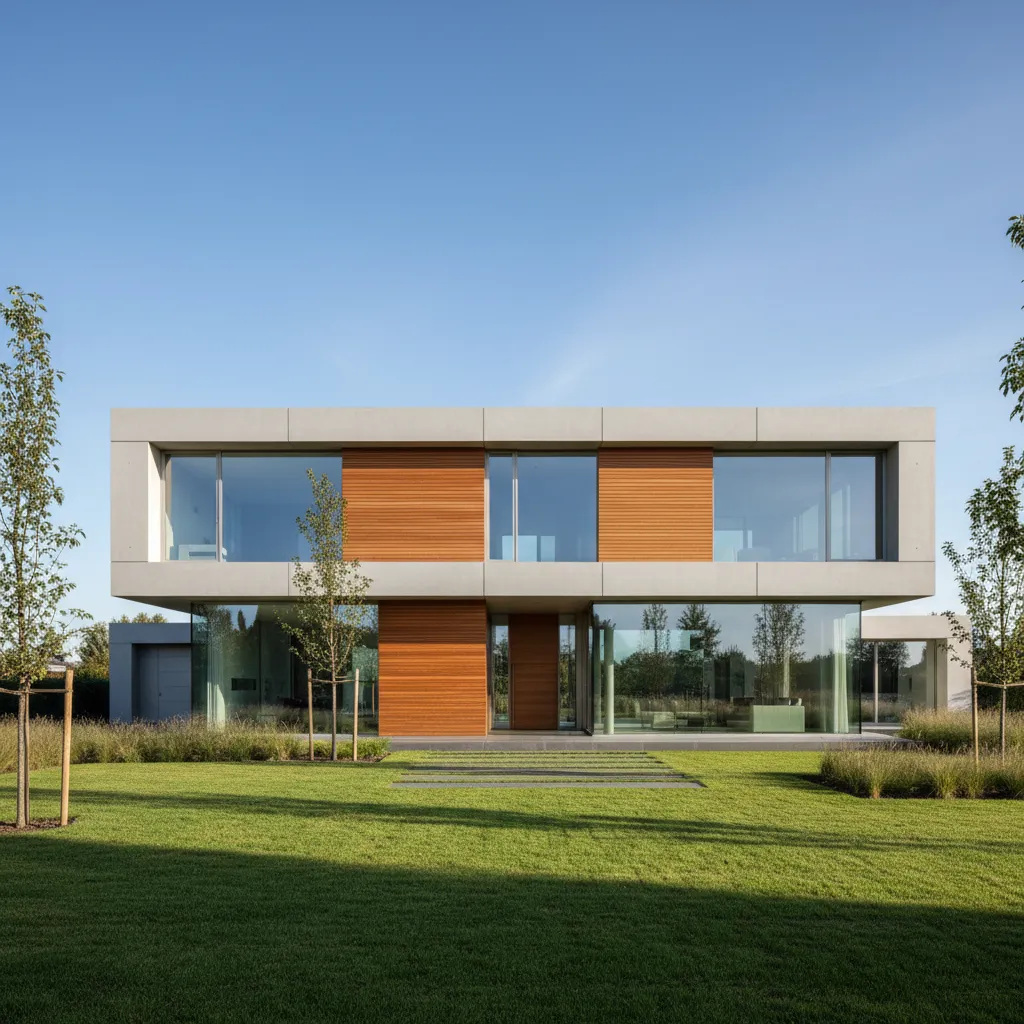 Exterior de una casa moderna de dos pisos con jardín frontal