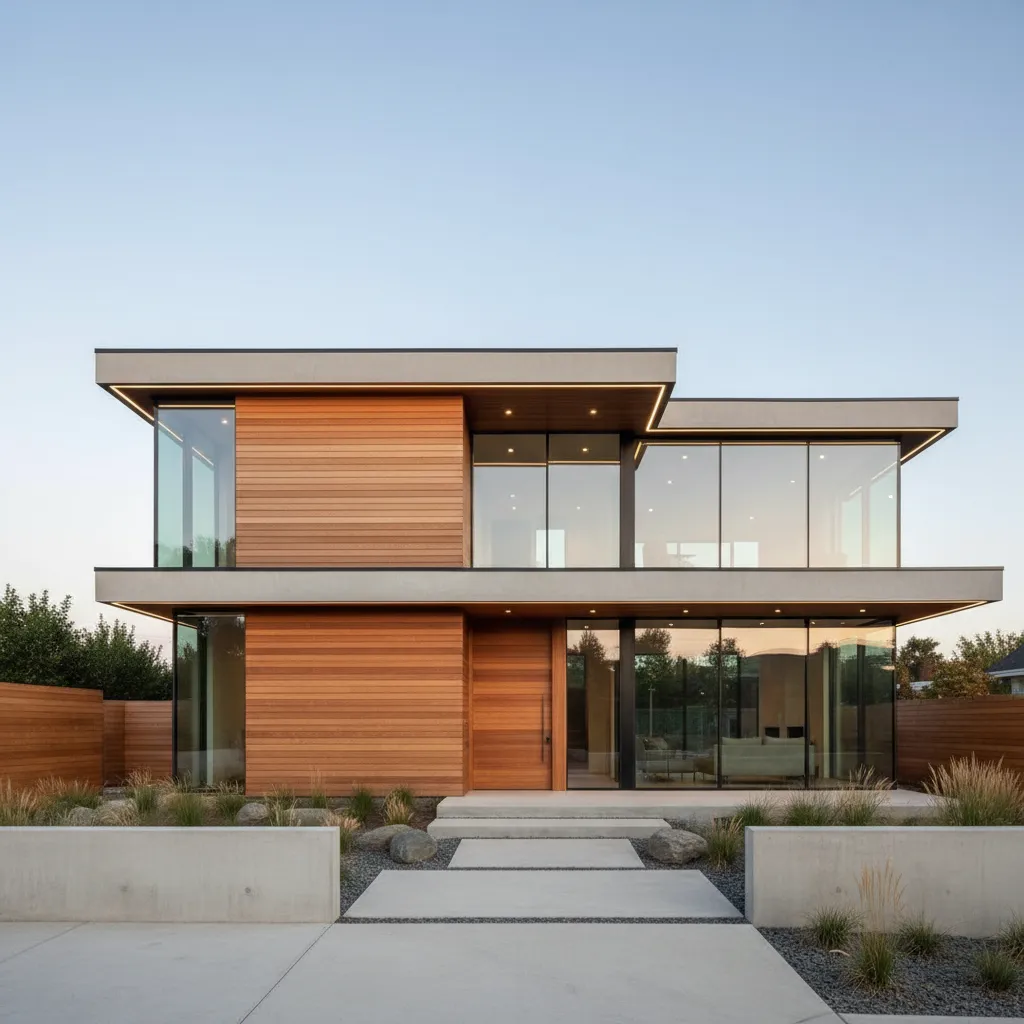 Fachada moderna de casa de dos pisos con diseño minimalista y ventanales amplios