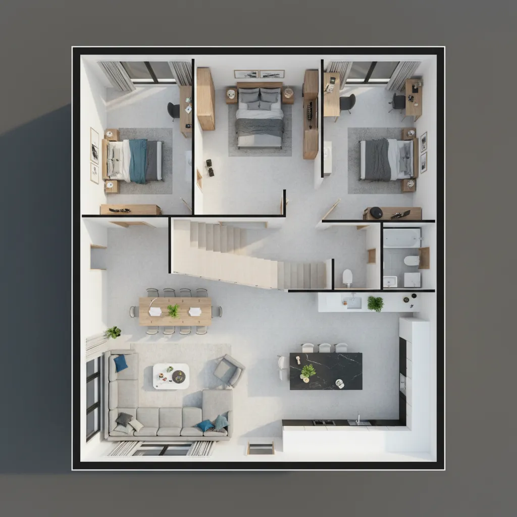 Visualización 3D de la distribución interior de una casa moderna de dos pisos