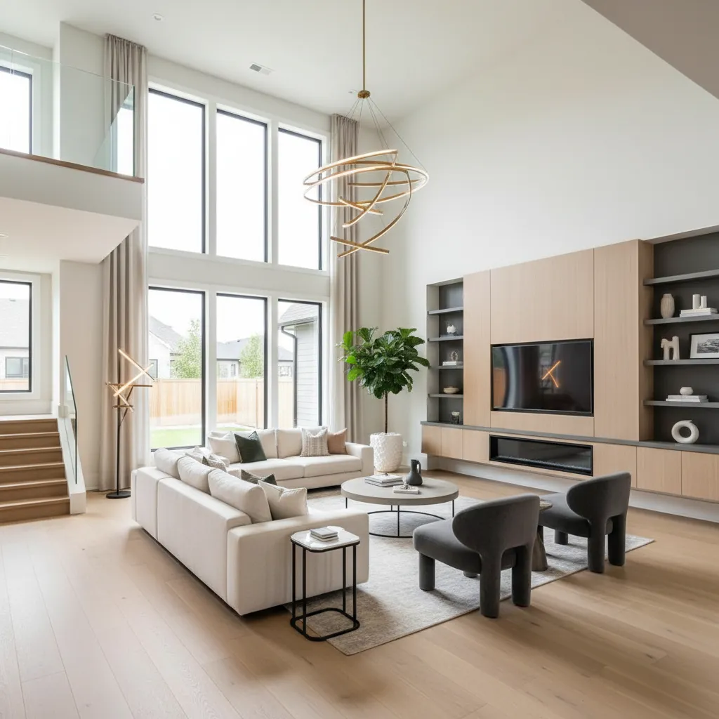 Interior de casa moderna de dos pisos con sala abierta y doble altura