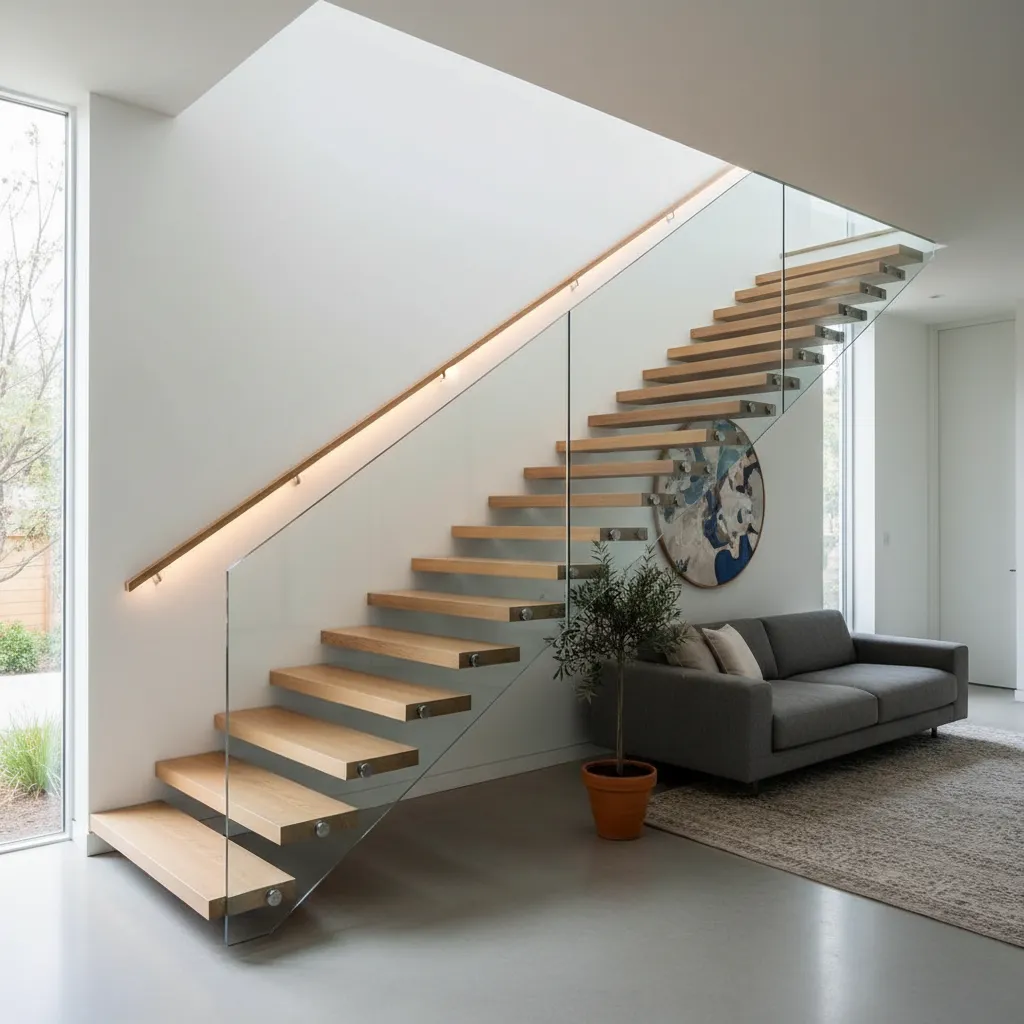 Escalera moderna integrada en diseño interior de casa de dos pisos