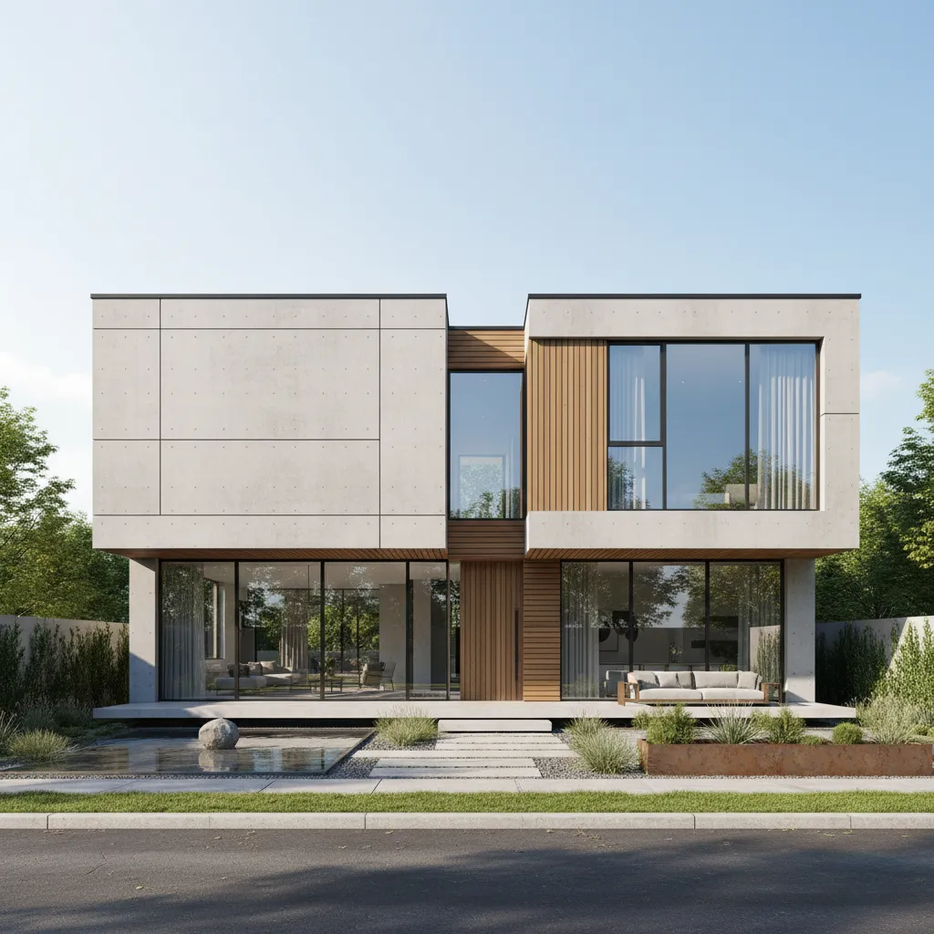 Modern two story house with flat roof large glass windows wood panels and front yard