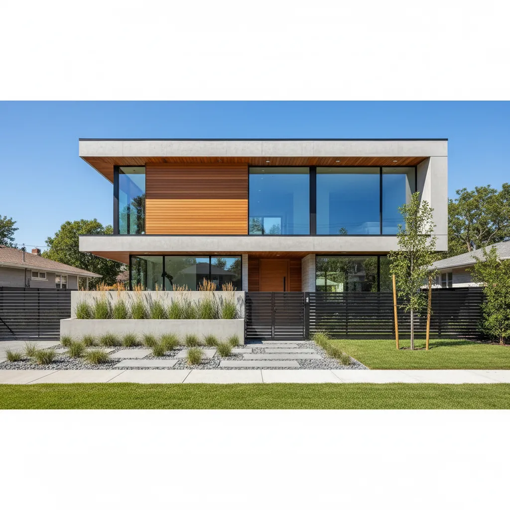 Modern two story house with wood panels, large windows, black fence, green lawn, and garden