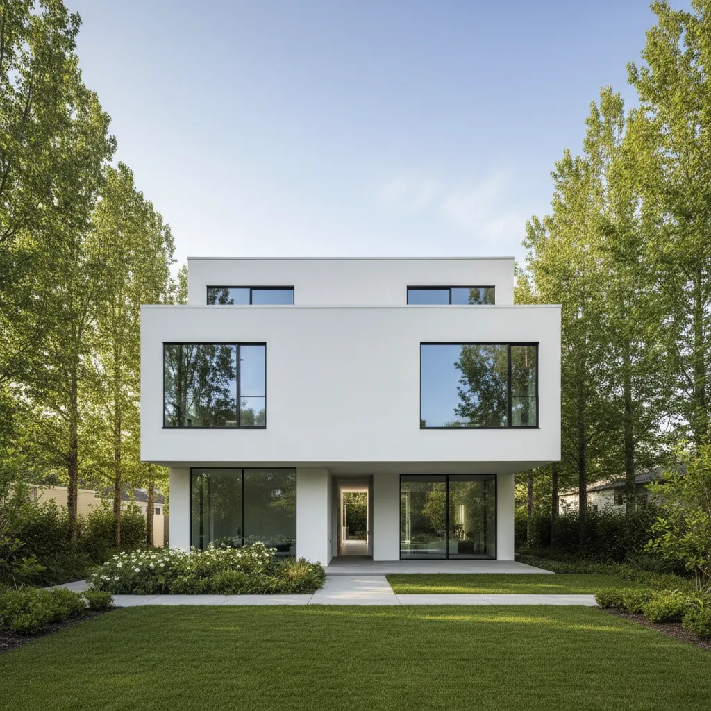 Vista exterior de una casa moderna de dos plantas con jardín