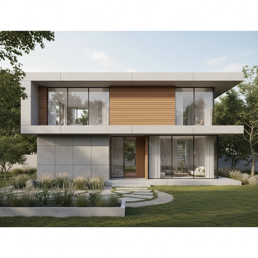 Fachada contemporánea de casa moderna de dos plantas con materiales naturales