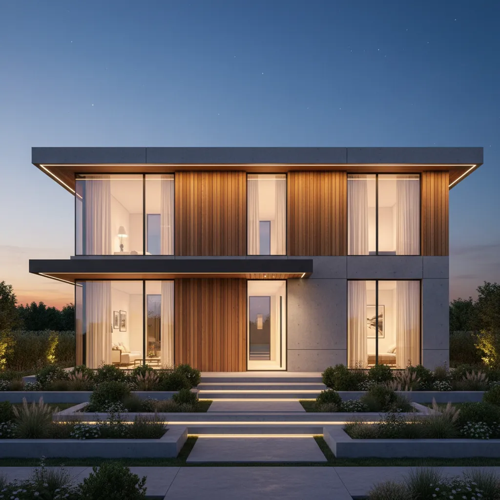 Fachada contemporánea de casa moderna de dos pisos con madera y concreto