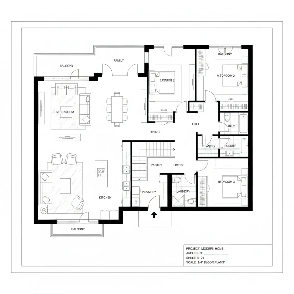 Plano arquitectónico de una casa moderna de dos plantas