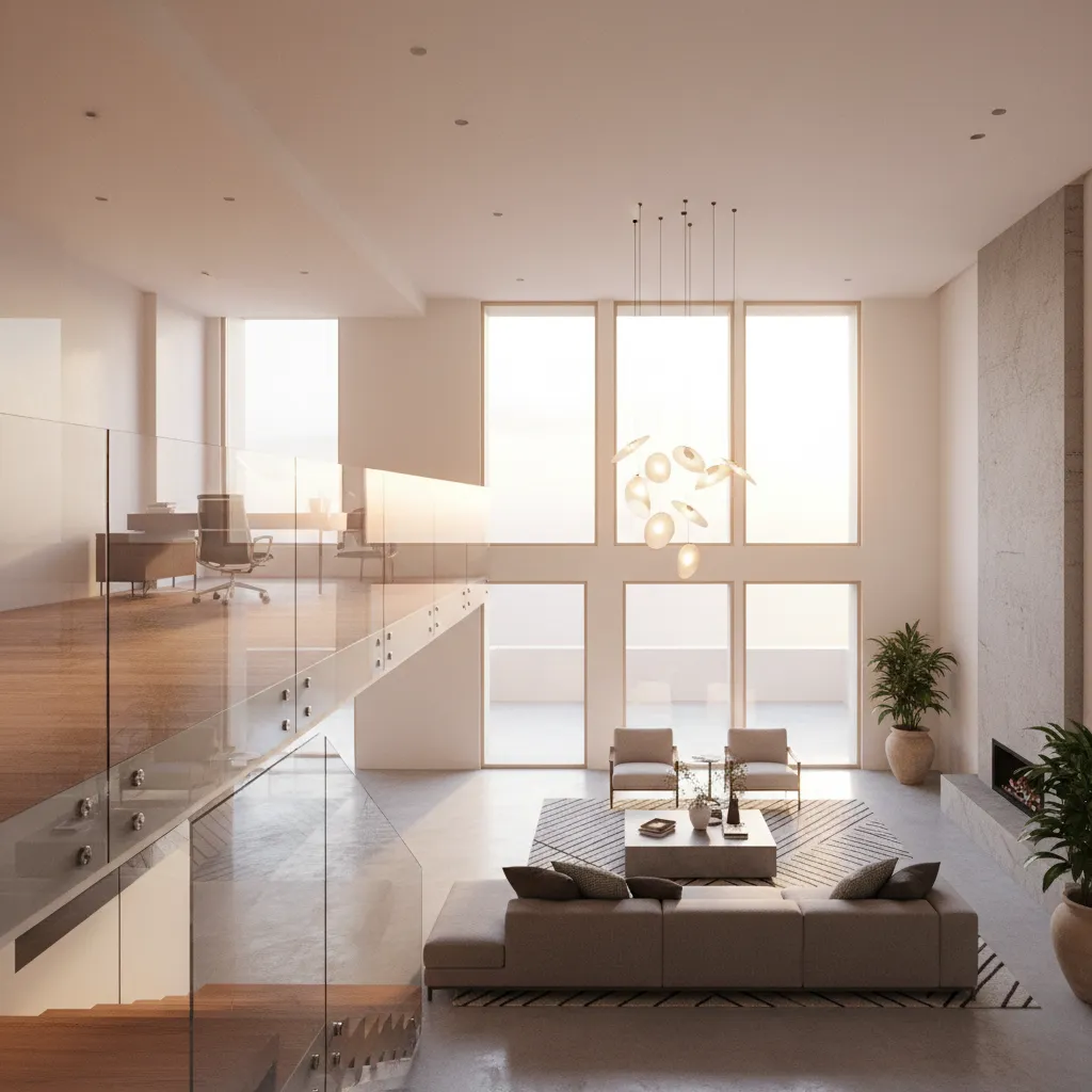 Interior moderno con doble altura y conexión visual entre pisos