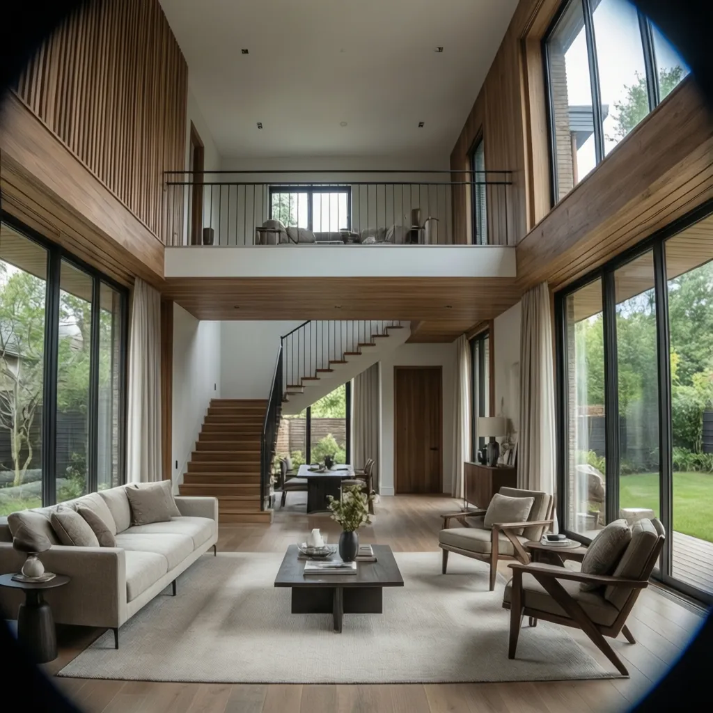 Modern living room with large windows wooden wall panel and stairs overlooking a green outdoor garden