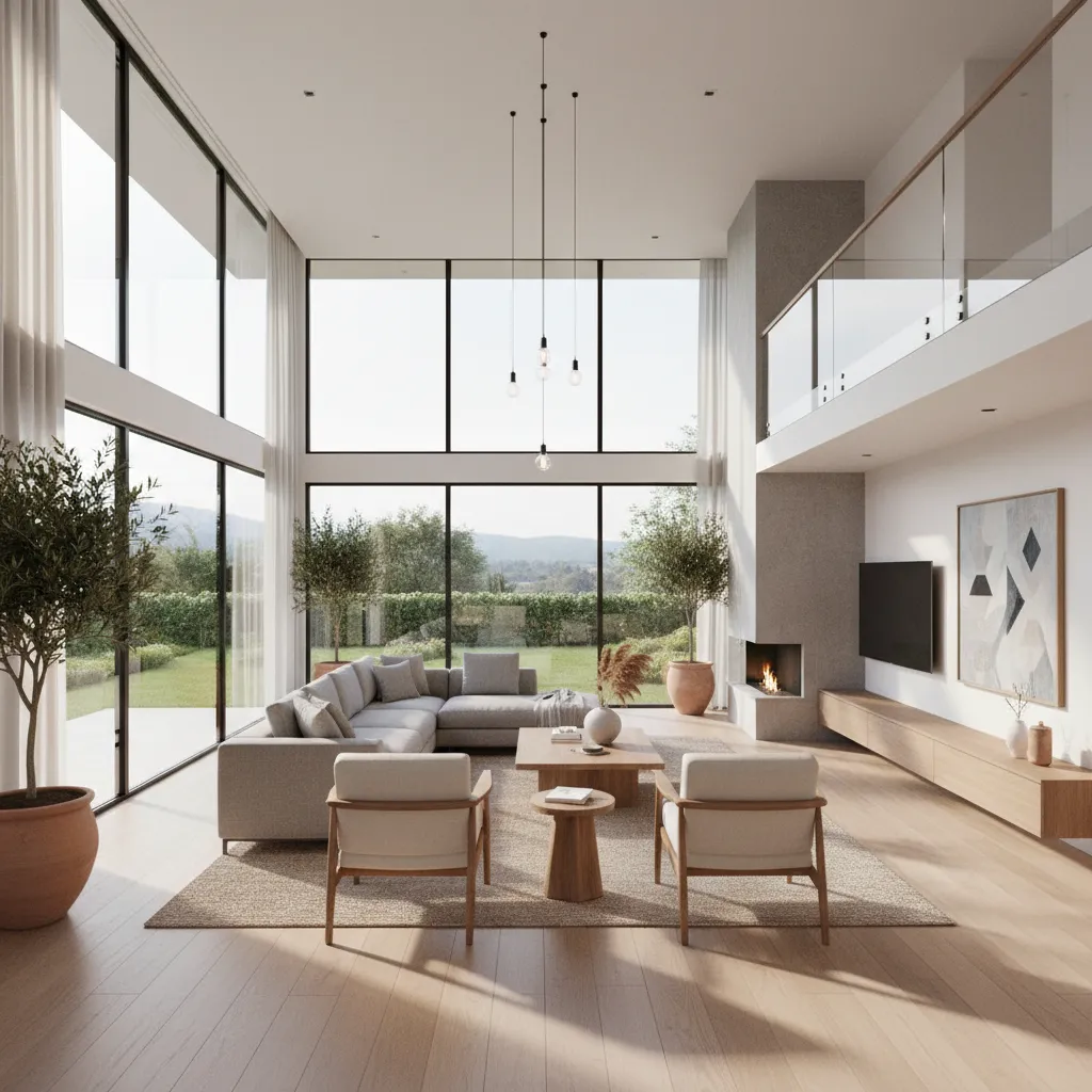 Modern living room with high ceiling grey sofa wooden floor large windows fireplace and balcony