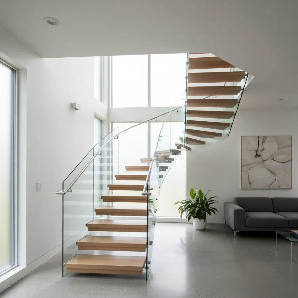 Escalera moderna con iluminación natural dentro de una casa de dos pisos
