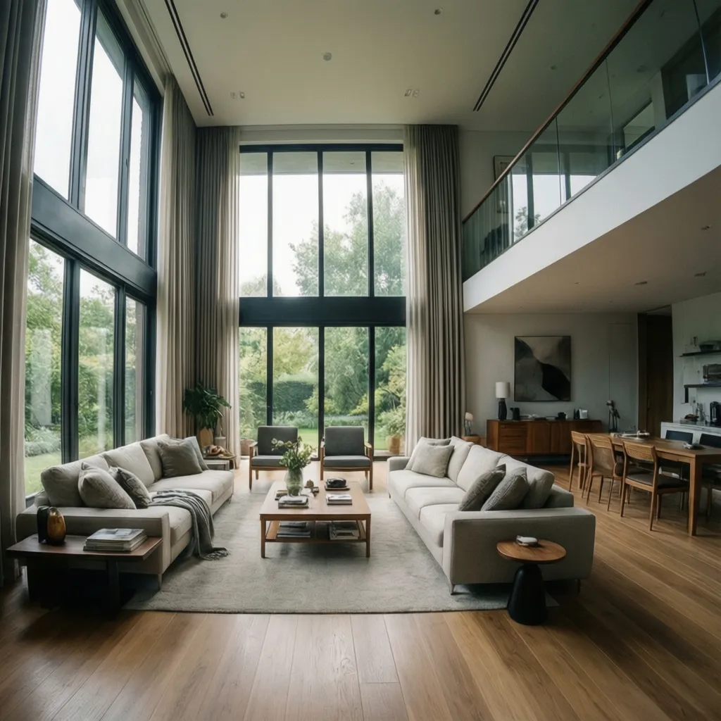 Sala moderna con doble altura en una casa de dos pisos