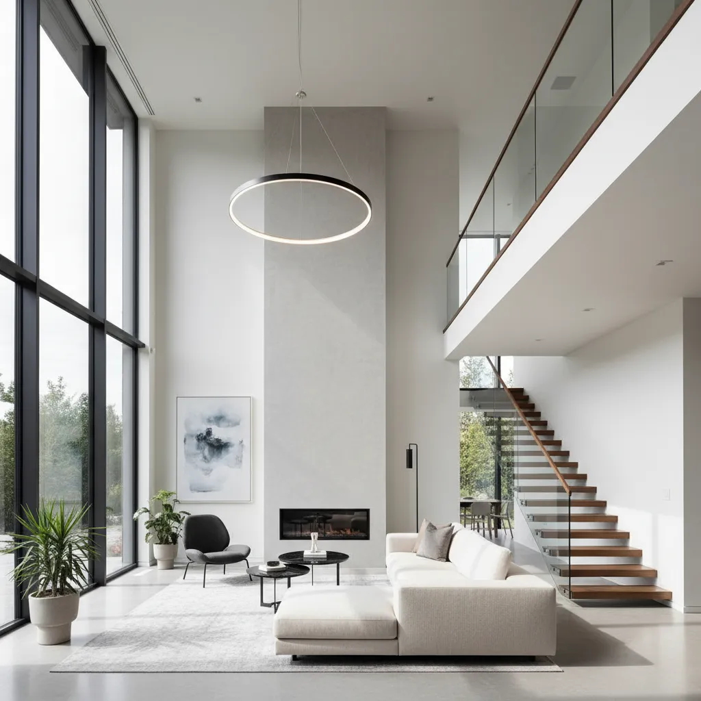 Sala moderna con doble altura en una casa de dos pisos