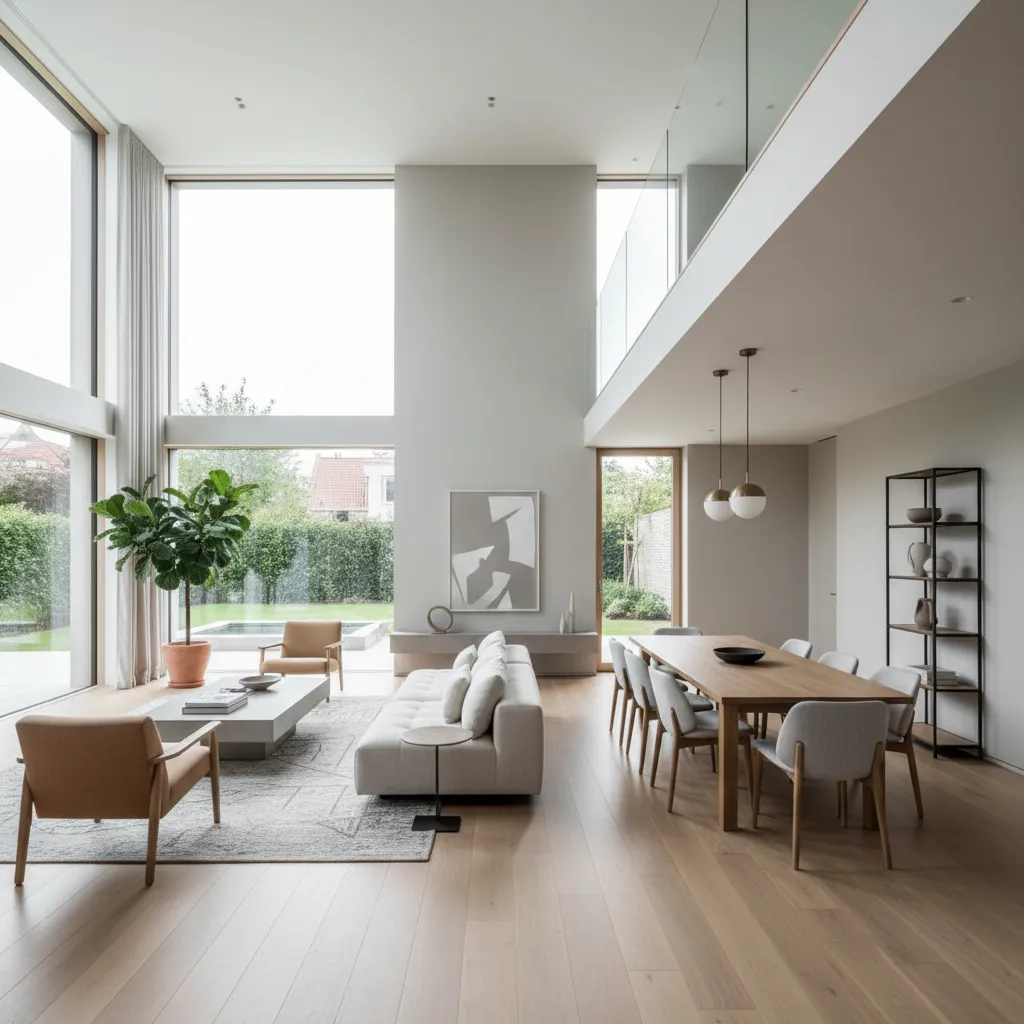 Sala y comedor integrados en una casa moderna de dos pisos