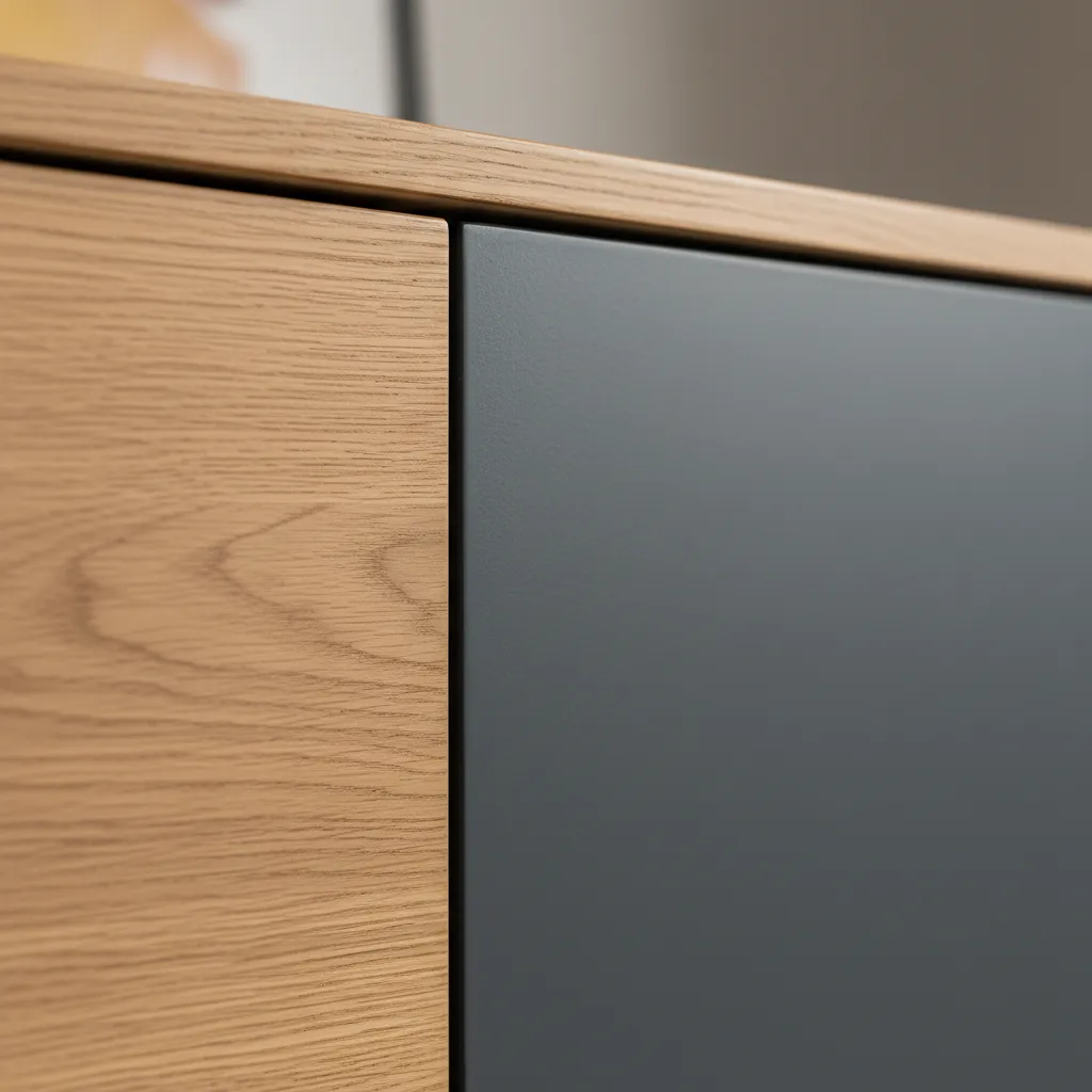 Close-up of wood veneer and painted surfaces used in two-tone furniture